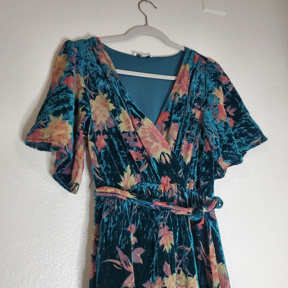 Baltic Born Lydia Teal Floral Velvet Maxi Dress Small Short Sleeve V-Neck - Picture 8 of 14